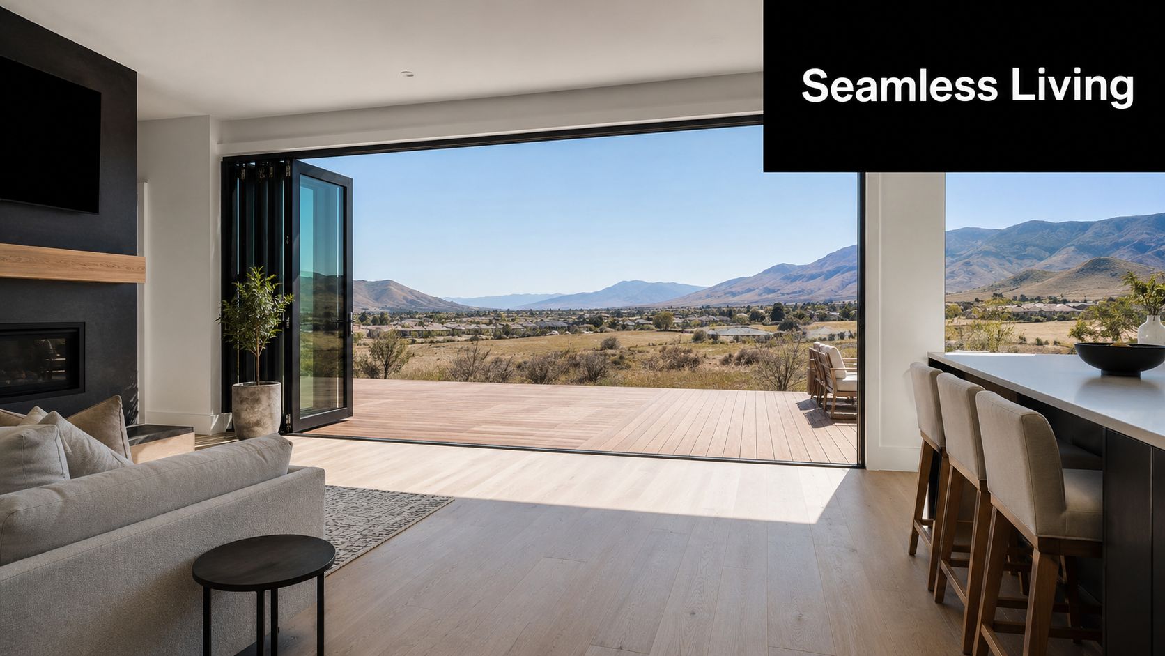 A modern living space featuring large folding glass doors opening onto a wooden deck with mountain views.