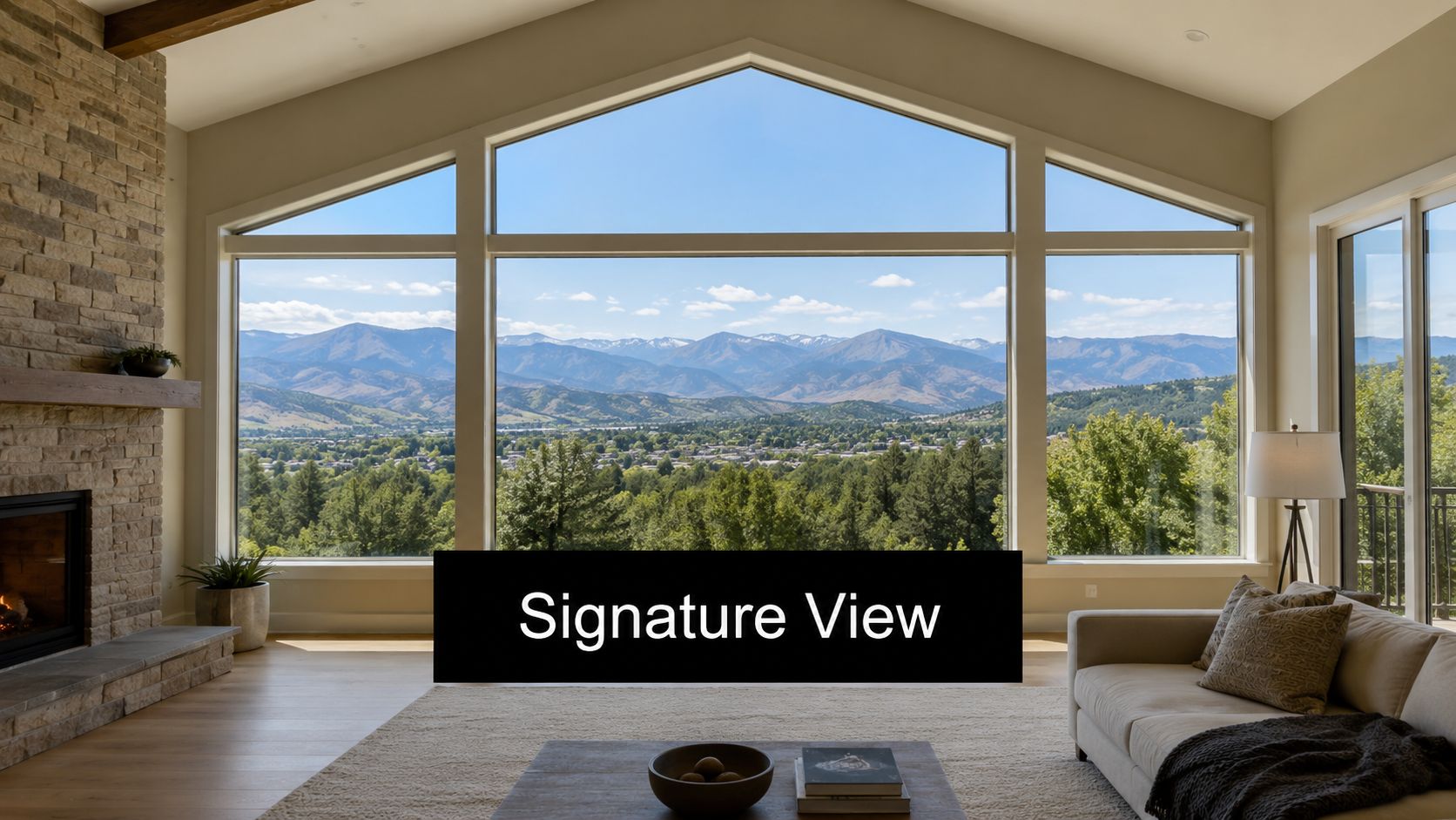 A modern living room with large triangular windows offering a panoramic view of mountain ranges and forests.