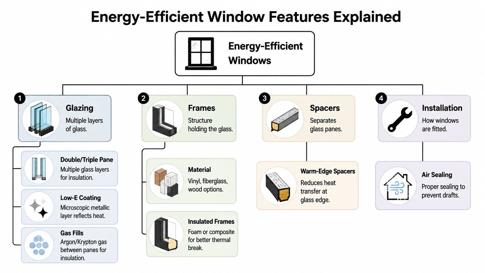 A diagram outlining the four key components that contribute to making windows energy-efficient for a home.