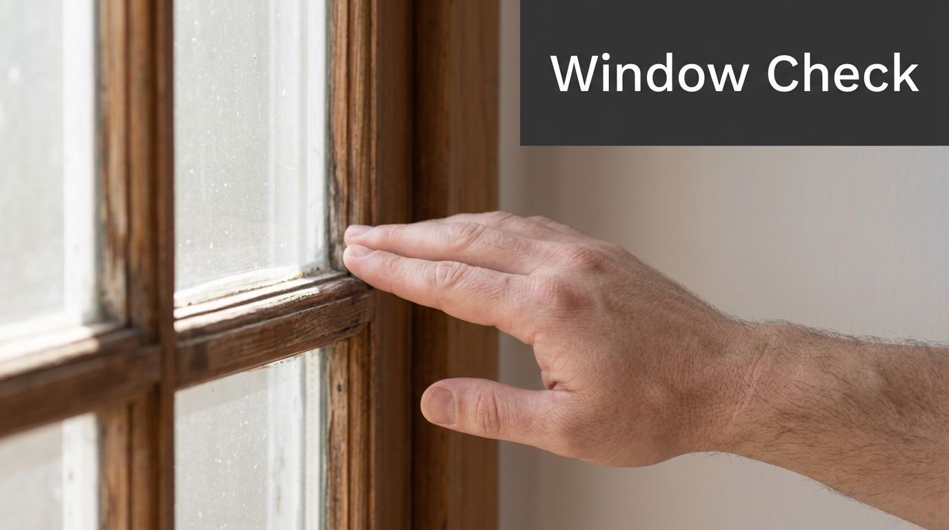 A close-up view of a person checking the insulation of an old wooden window frame.