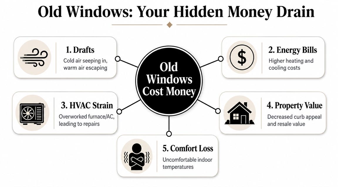 An infographic detailing five ways old windows act as a hidden drain on homeowner financial resources.