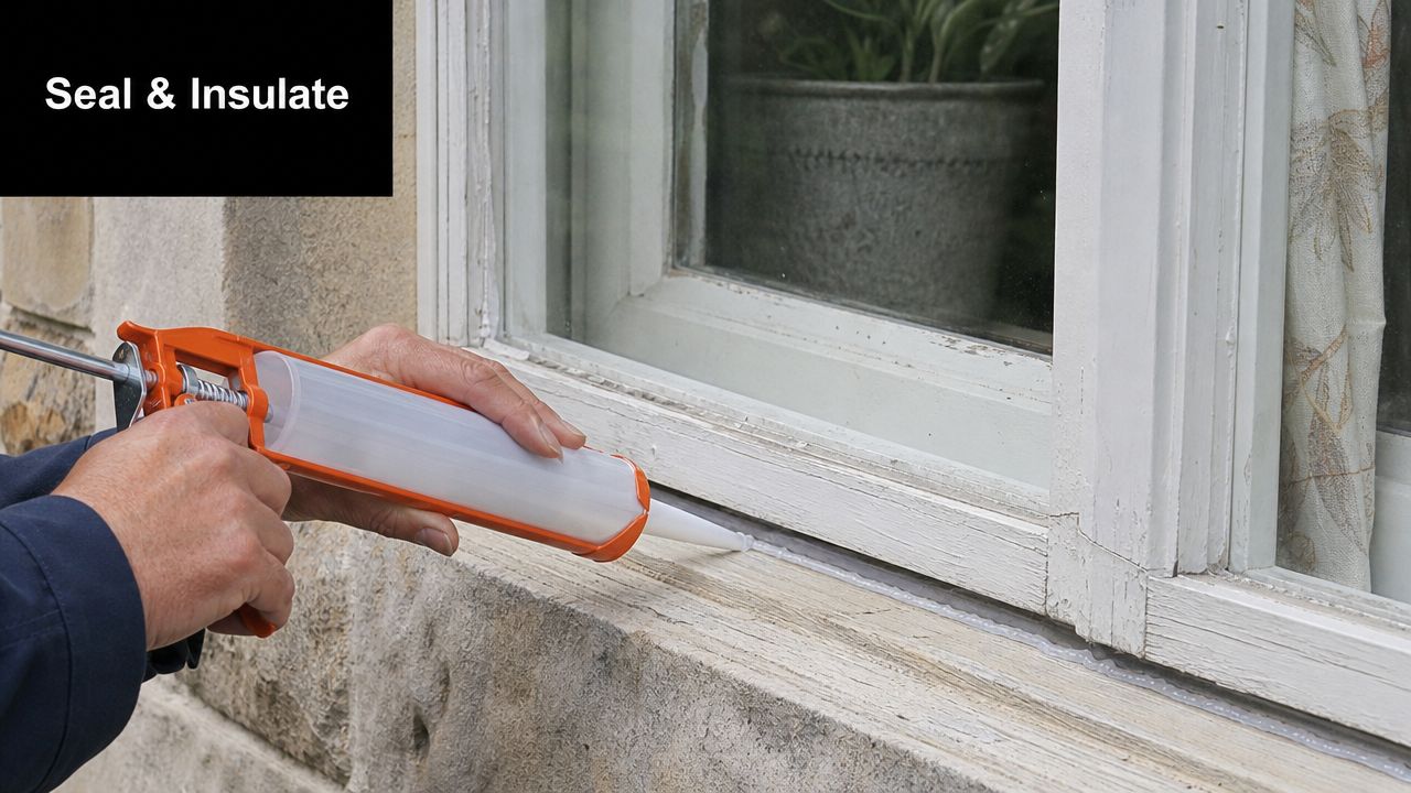 A person using a caulk gun to apply sealant along the base of a window frame.