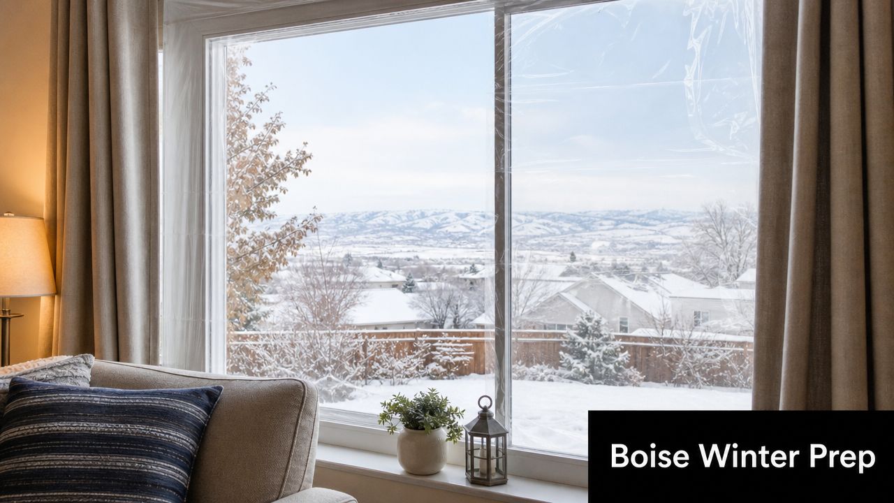 A cozy indoor view of a snowy neighborhood through a window covered with plastic insulation film.