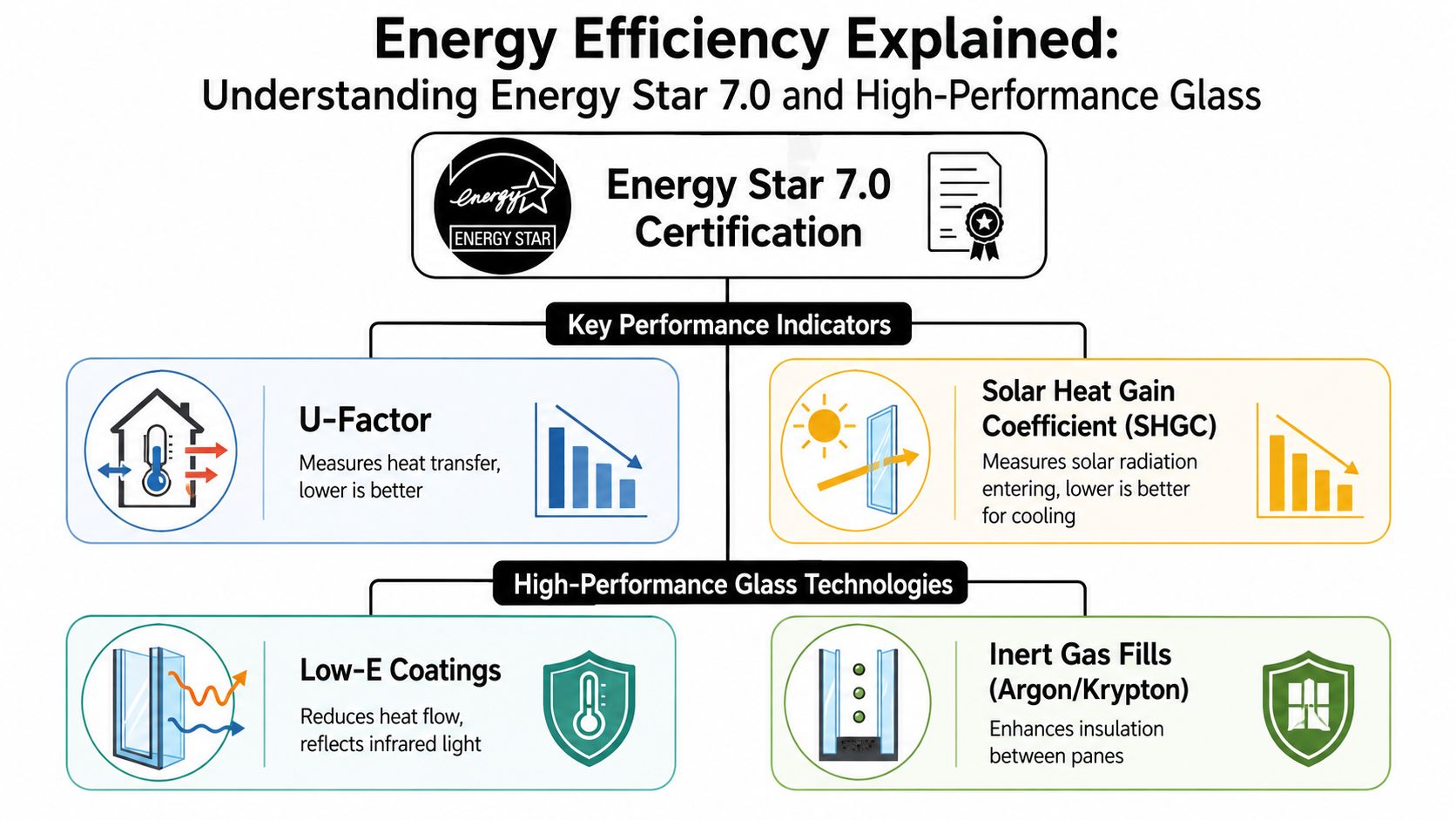An infographic explaining Energy Star 7.0 standards, including U-Factor, SHGC, and high-performance glass technologies like coatings and fills.