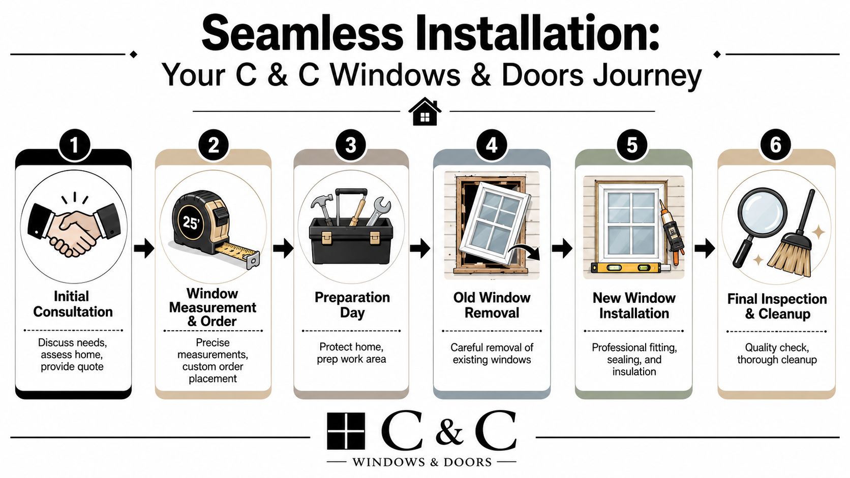 An infographic detailing the six-step window and door replacement process for C & C Windows & Doors.
