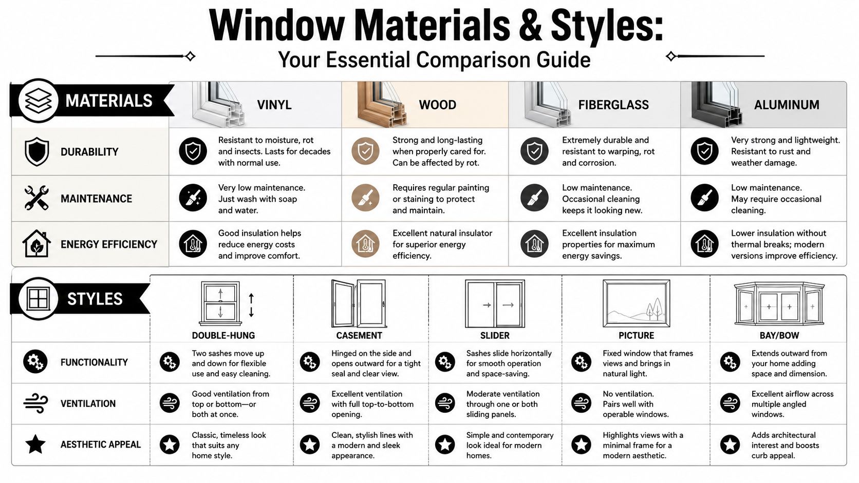 A comprehensive comparison chart detailing various window material types and common window styles for home improvement projects.
