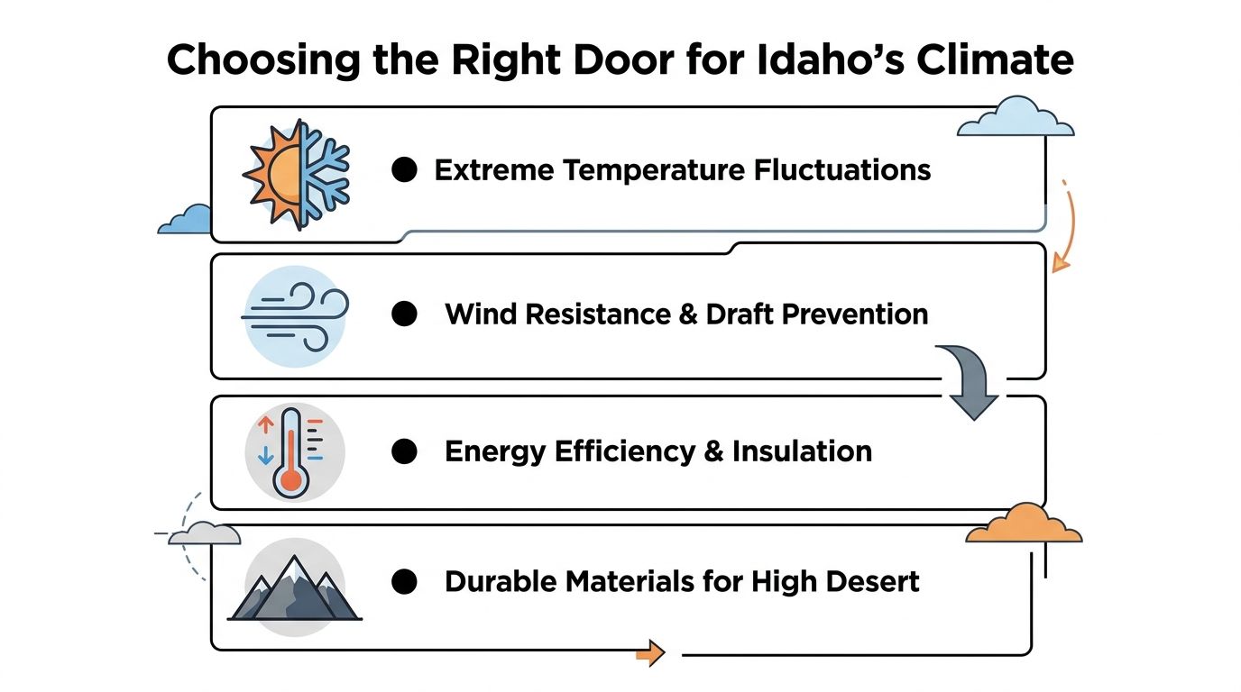 An infographic showing factors for choosing a front door suitable for Idaho's climate and high desert environment.