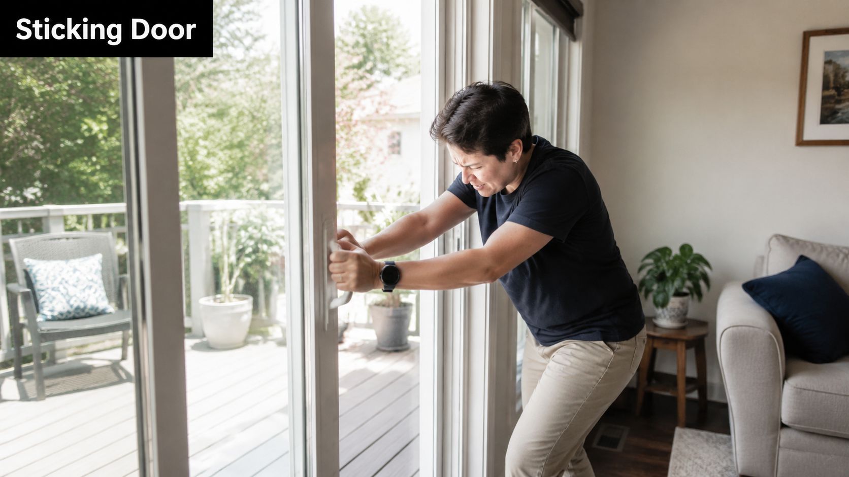 A person struggling to open a stuck sliding glass door in a brightly lit living room.