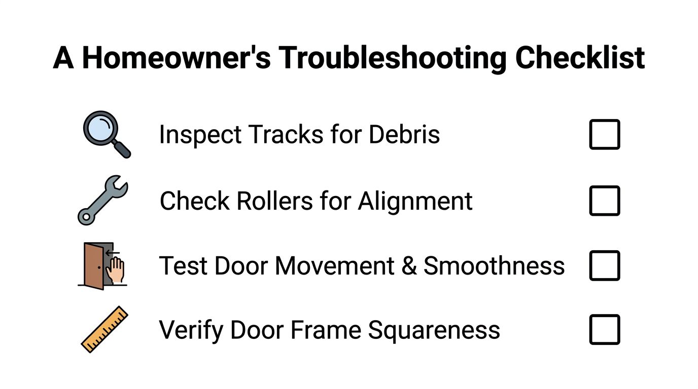 A checklist for homeowners to troubleshoot sliding door problems like debris, alignment, movement, and frame squareness.