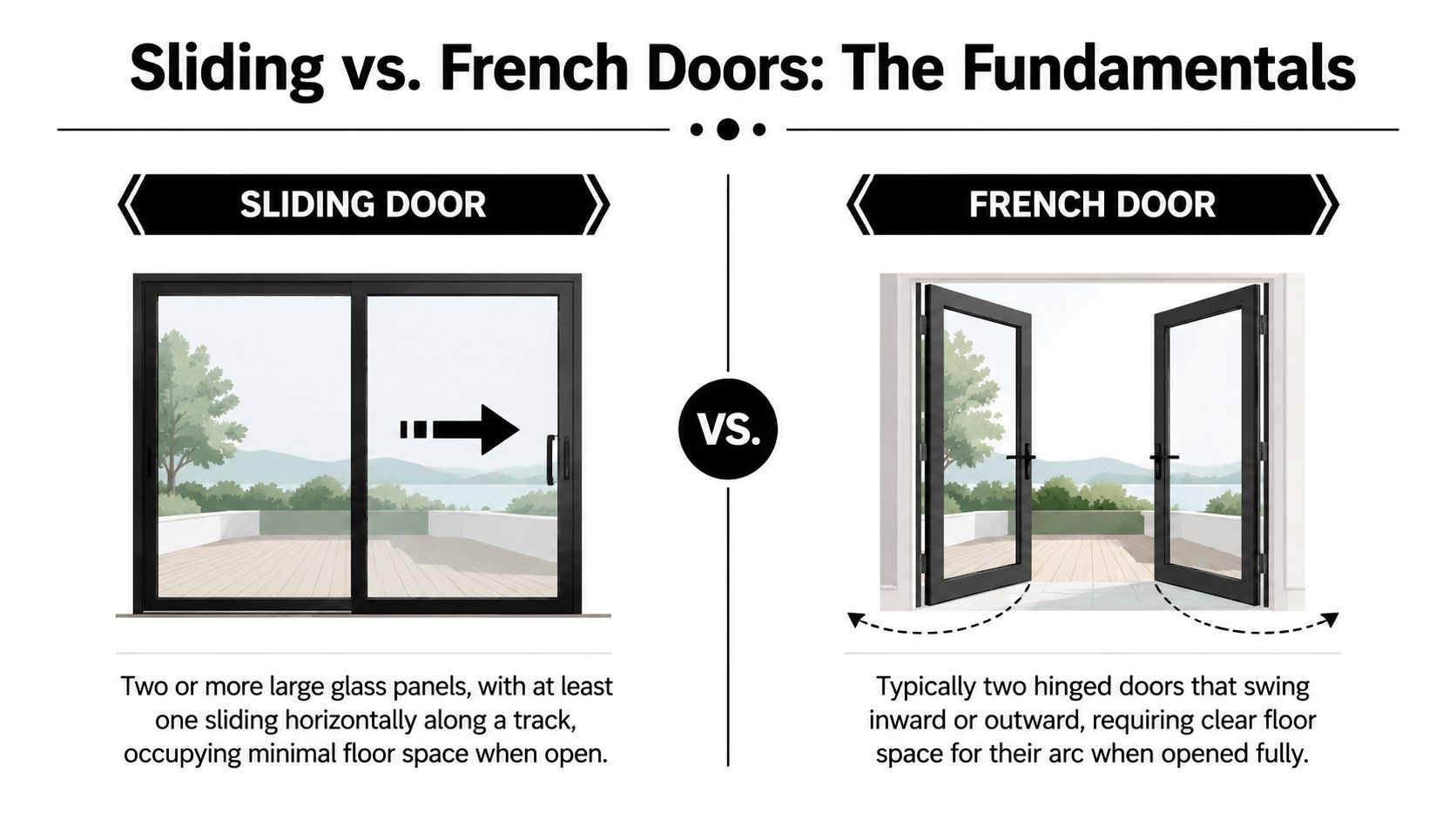 A comparison graphic showing a sliding door and a French door with their basic design differences.