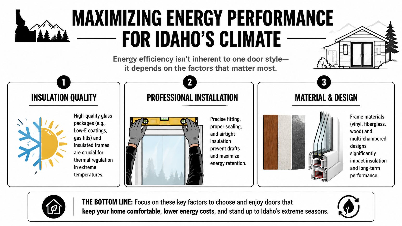 An infographic detailing key factors like insulation, installation, and design to maximize energy performance for Idaho doors.