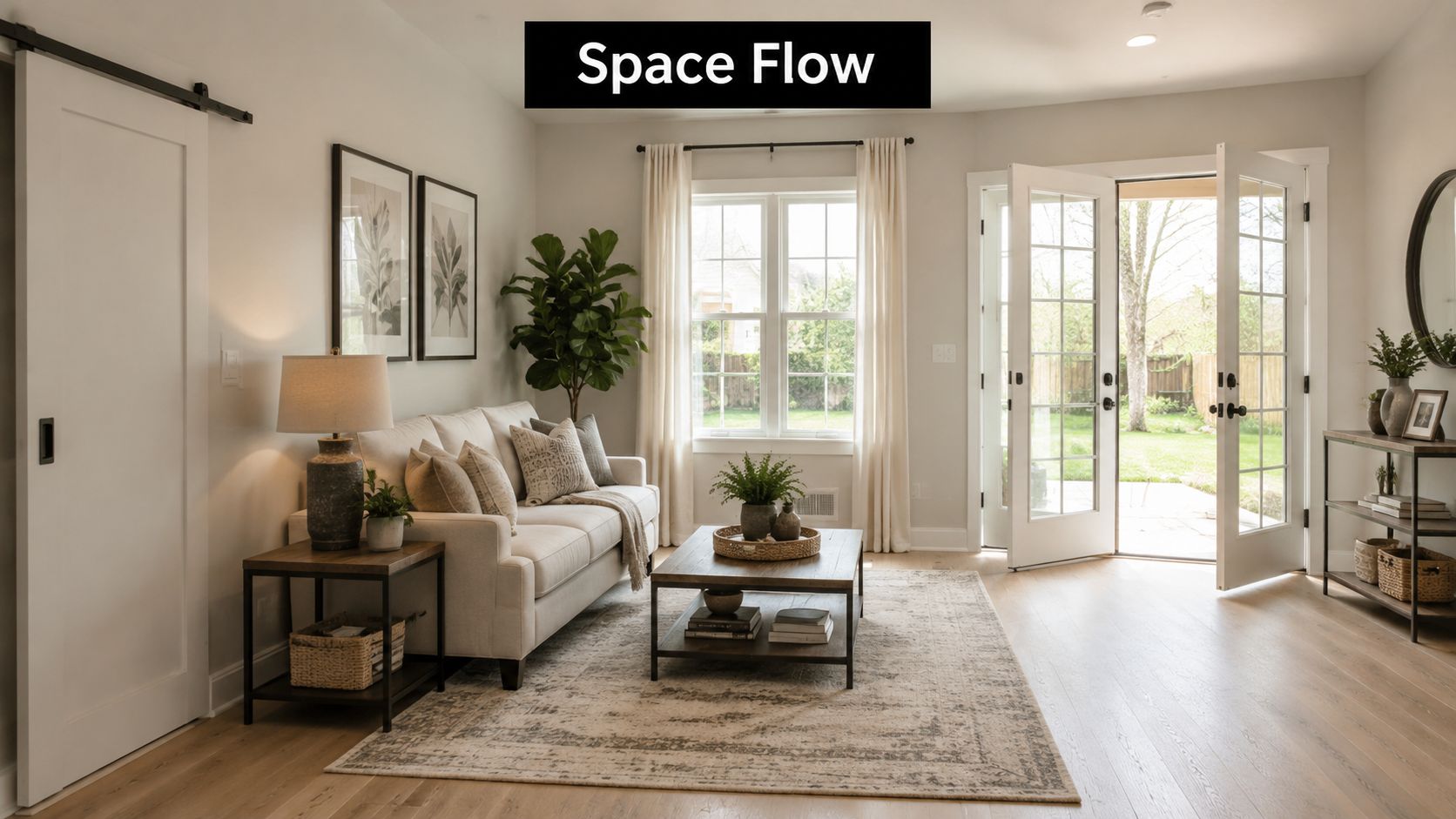 A modern and bright living room featuring a cozy sofa, coffee table, and an open French door.