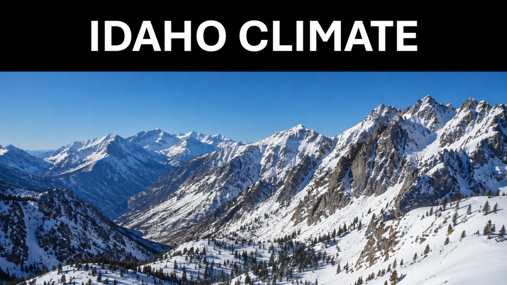 A scenic, panoramic view of snow-covered mountain peaks under a clear blue sky in Idaho.