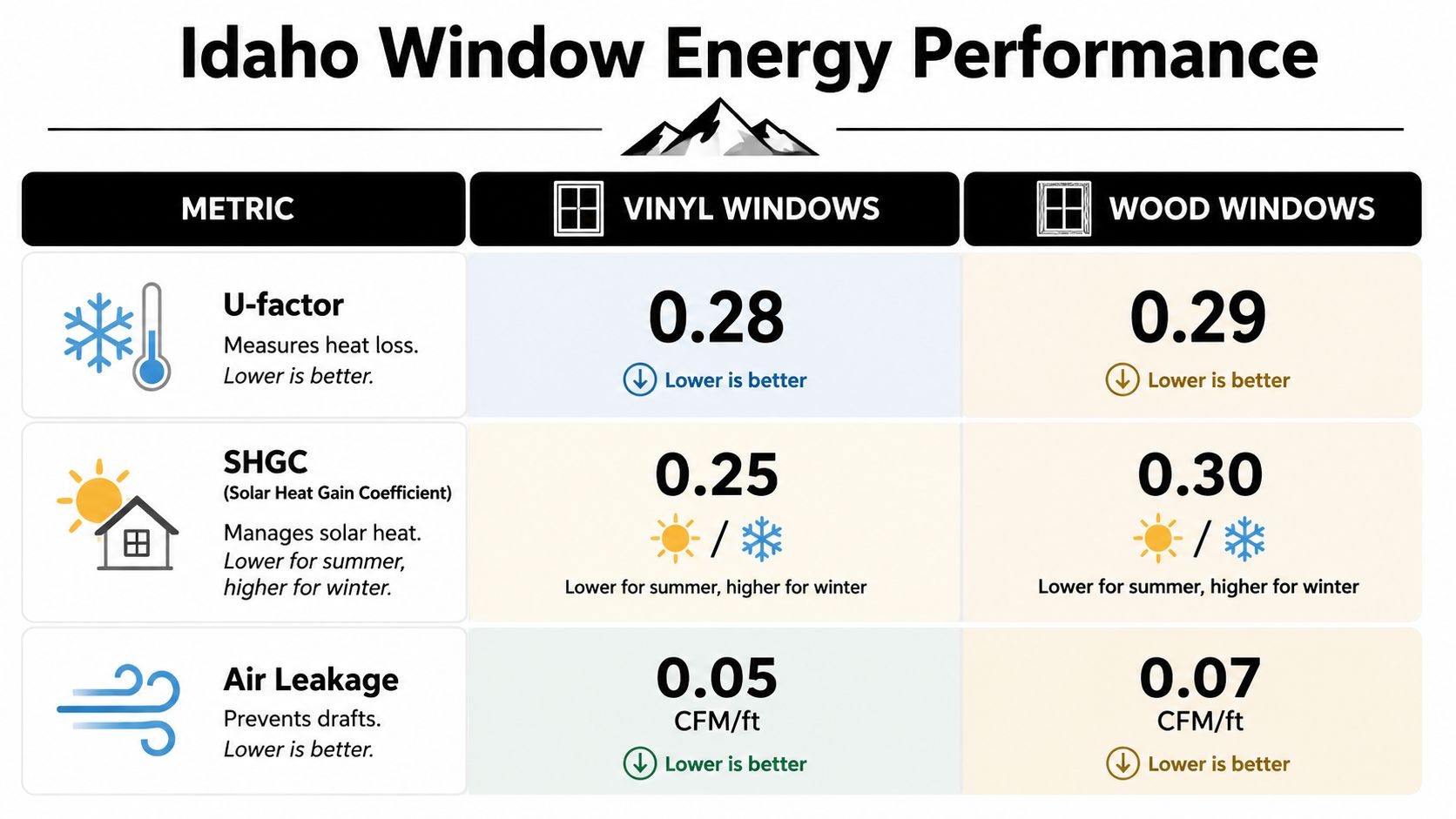 A comparison chart showing energy performance metrics for vinyl and wood windows in Idaho climates.