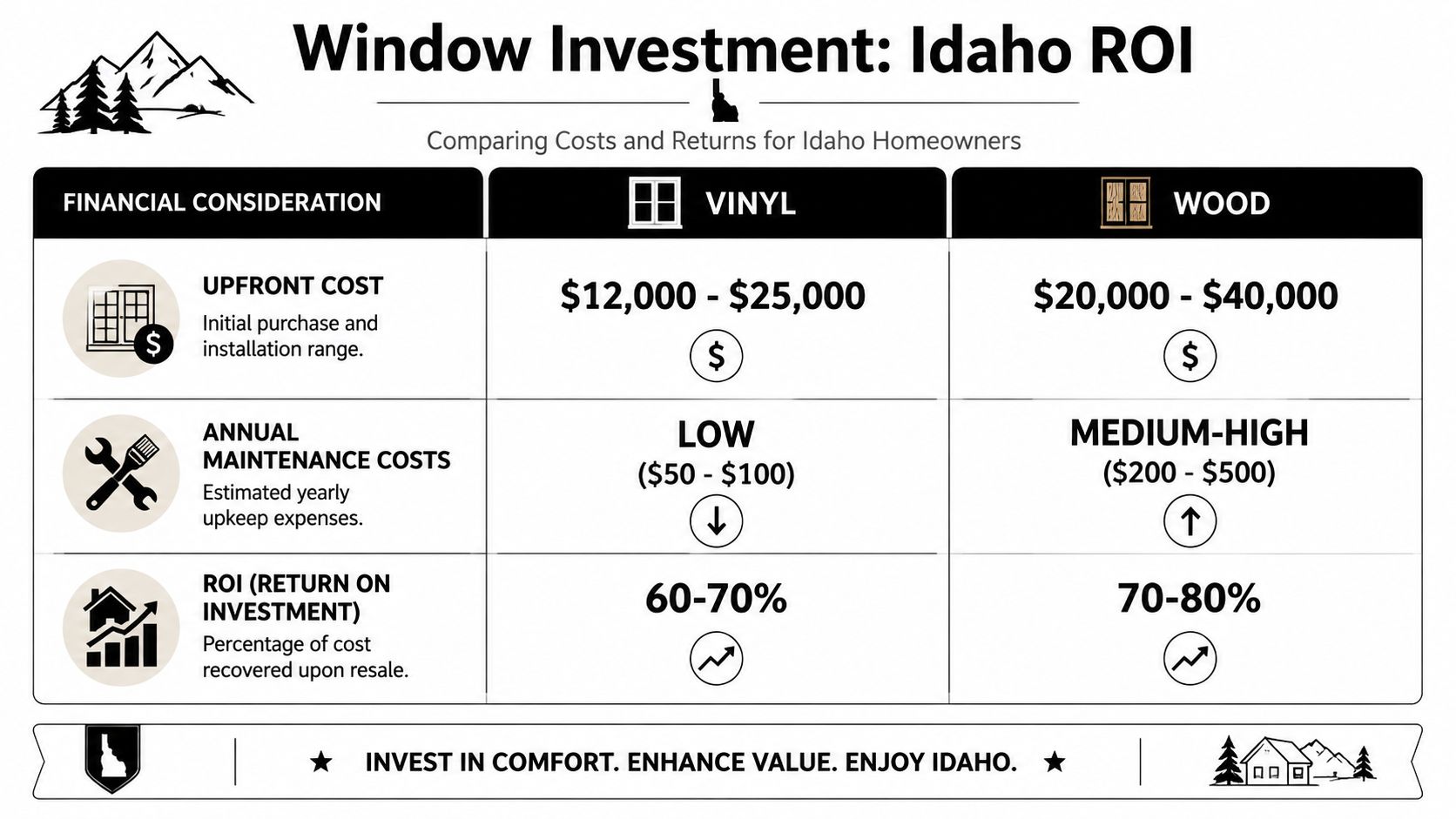 A comparison chart showing upfront costs, maintenance, and ROI for vinyl versus wood windows in Idaho.