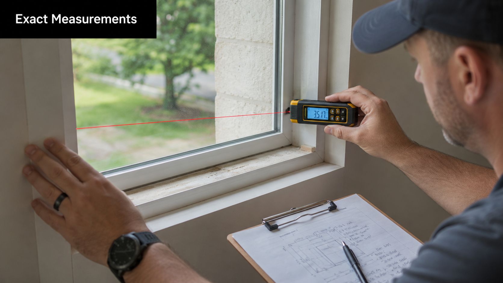 A professional window contractor uses a laser distance meter to take precise measurements of a window frame.