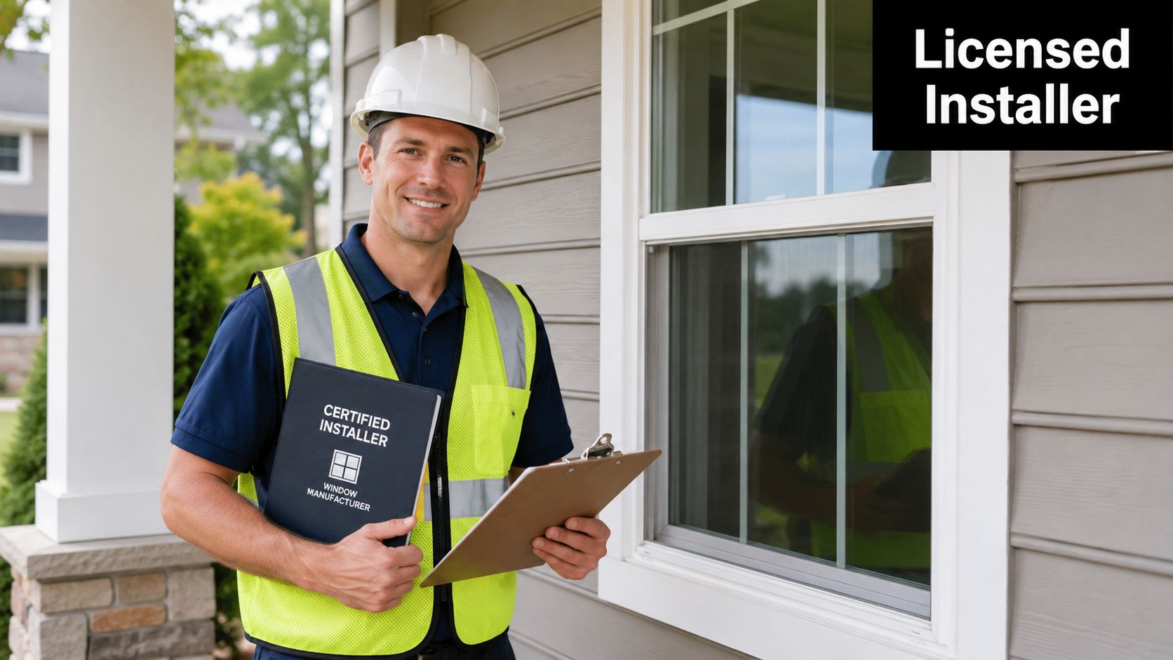 A friendly licensed window contractor wearing a hard hat and safety vest holding a certificate folder.