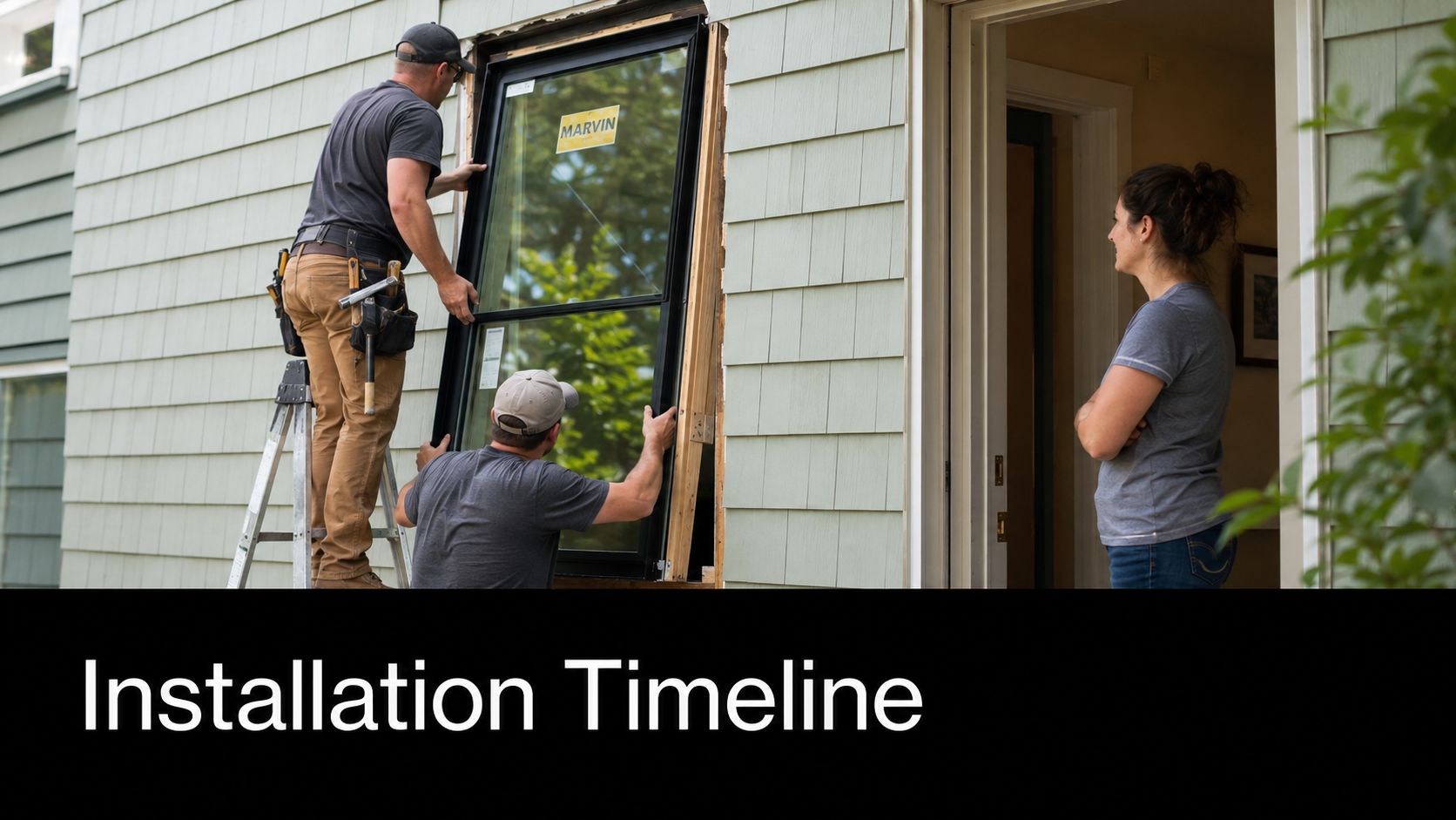 Two professional contractors installing a new black frame window into the side of a residential house.