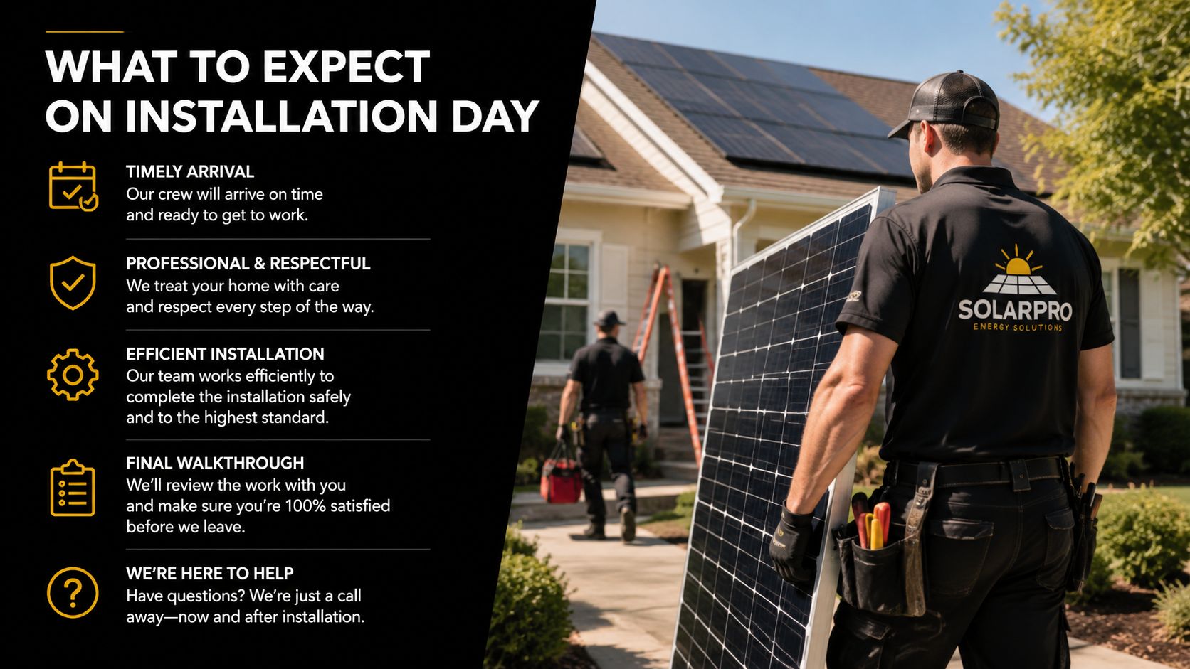 A professional solar installer carries a solar panel towards a residential house during a home energy installation.
