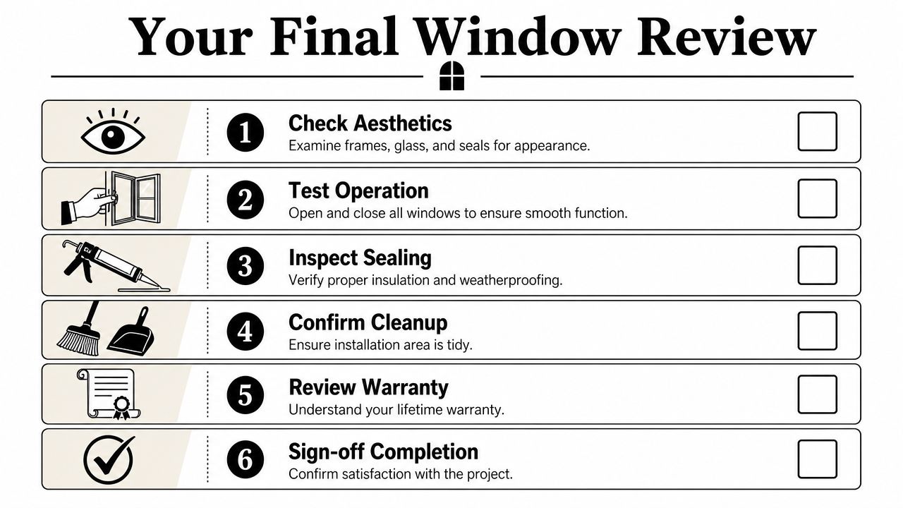 A numbered checklist titled Your Final Window Review outlining six essential steps for checking new window installations.