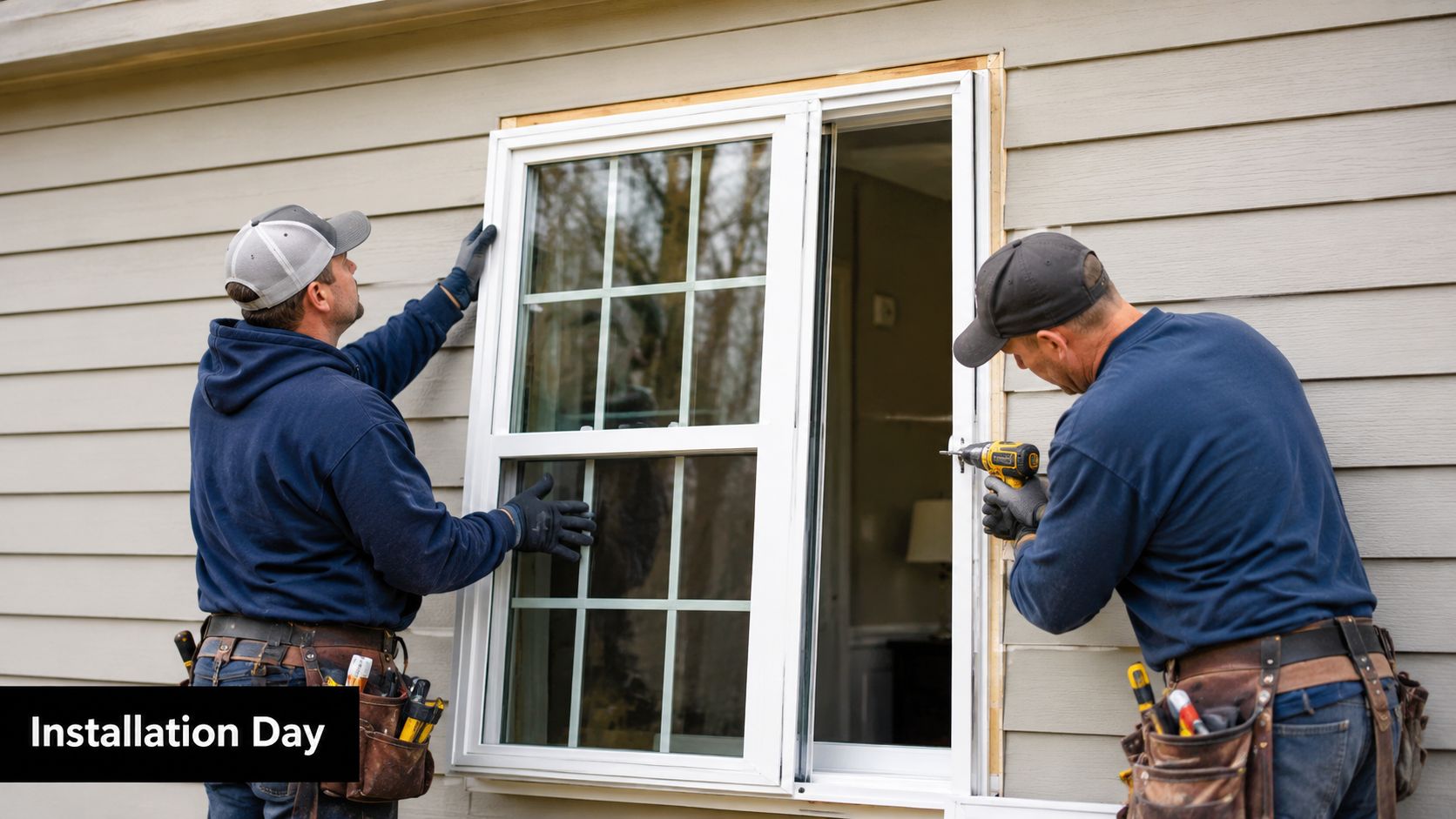 Two professional contractors installing a new white vinyl window frame into a residential exterior wall.