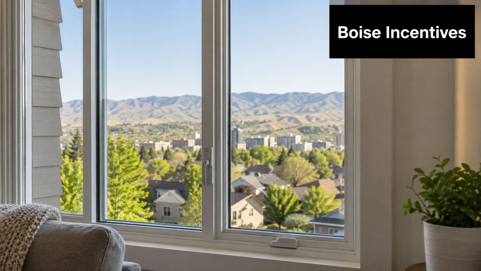 A scenic view of Boise, Idaho, seen from inside a home through a bright white window frame.