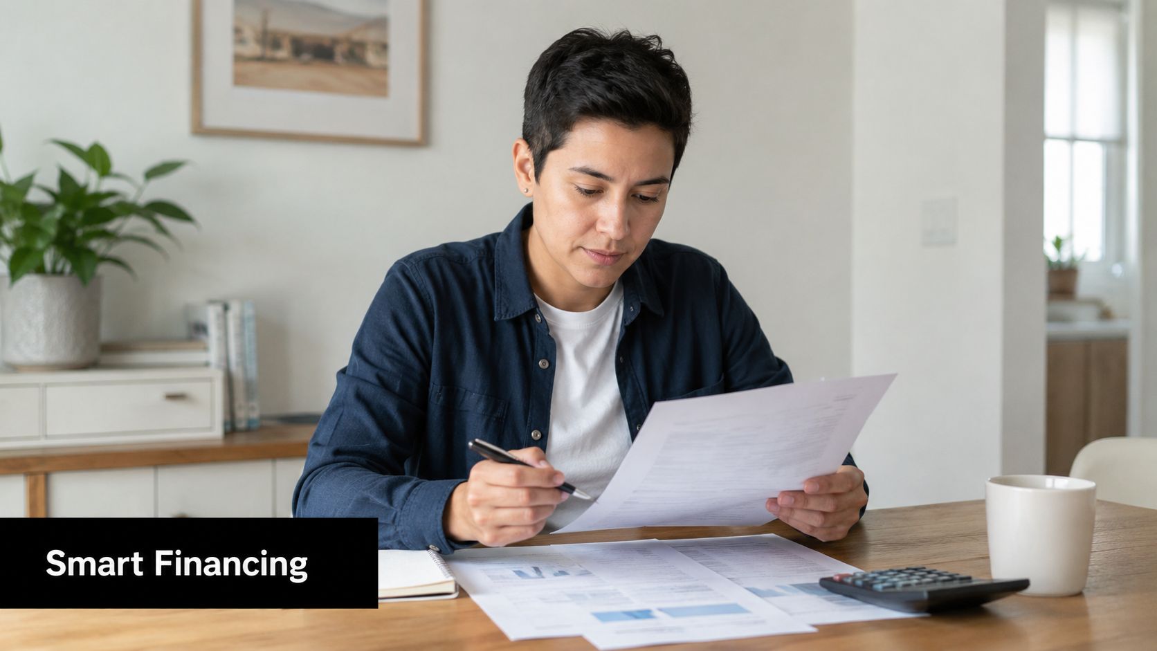 A person reviewing financial documents and papers while sitting at a wooden desk with a calculator.