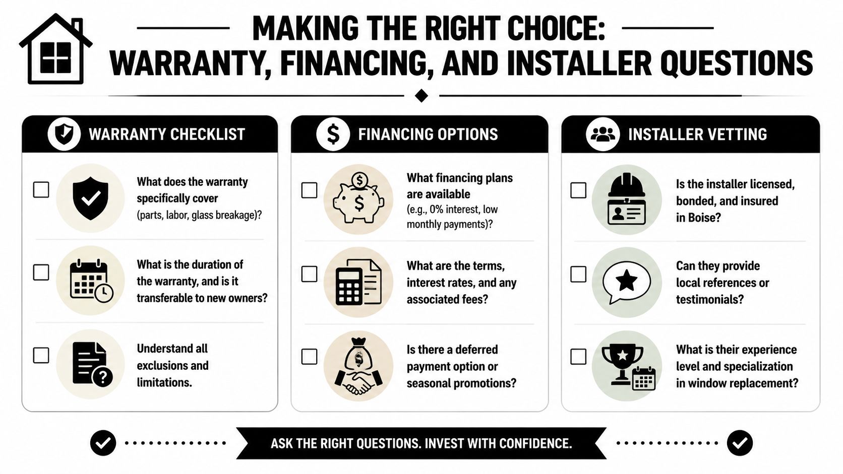 An infographic checklist for home owners regarding window replacement warranties, financing plans, and choosing professional installers.