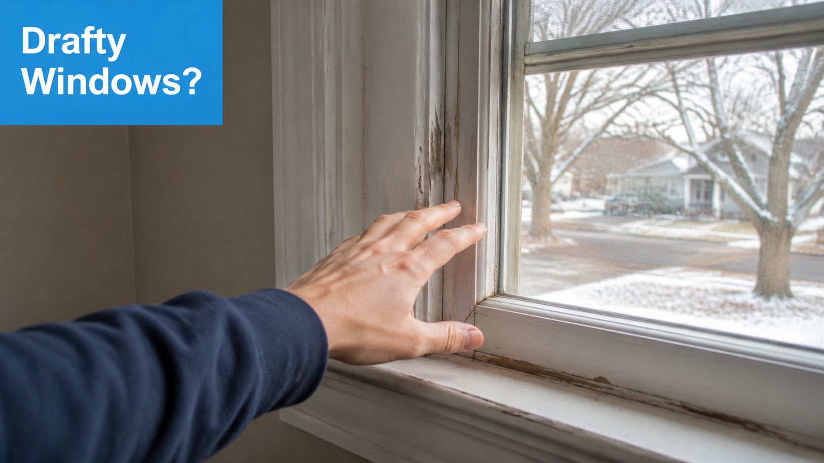 A person checking a drafty old wooden window frame in a home during the winter season.