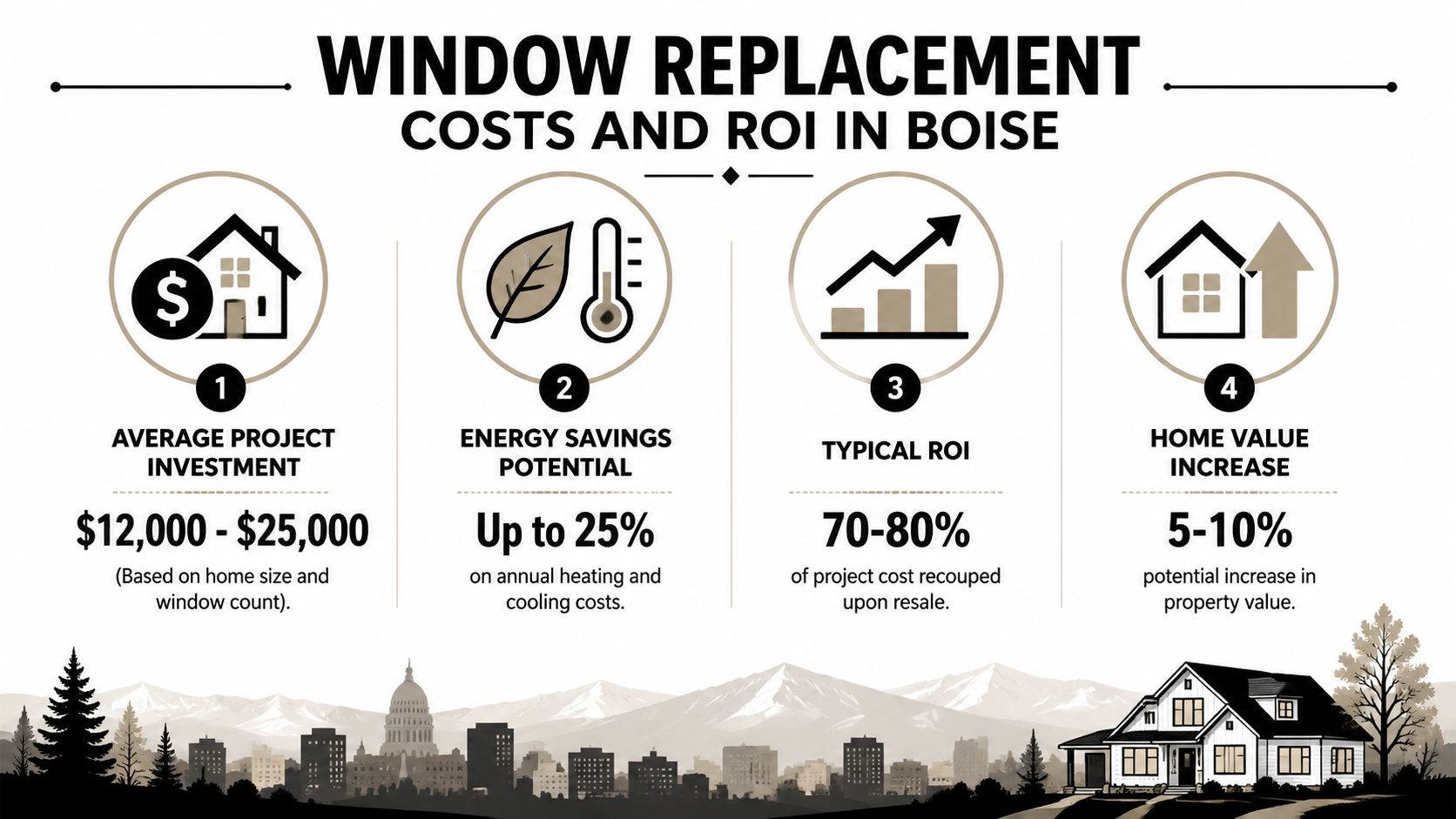 An infographic showing costs, energy savings, ROI, and home value increase for window replacement in Boise.