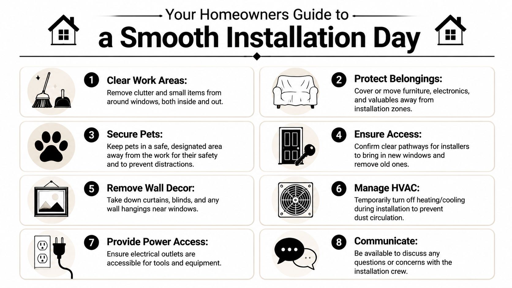 An infographic titled Your Homeowners Guide to a Smooth Installation Day with eight tips for preparation.