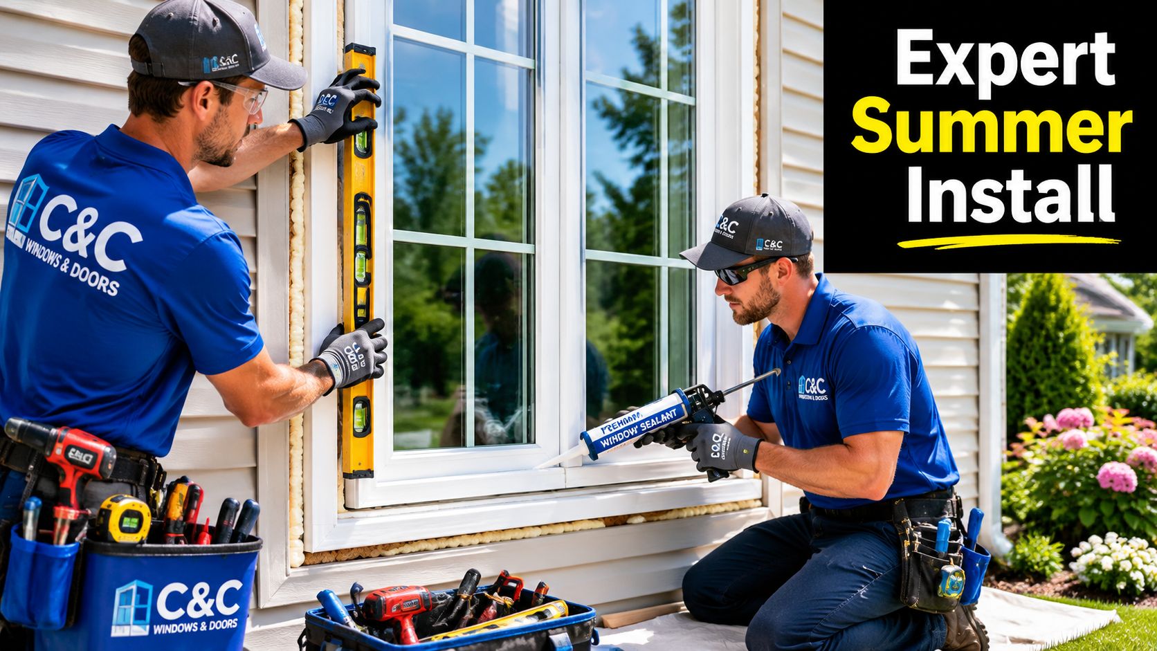 Two professional workers in C&C shirts installing a new window with a level and sealant.