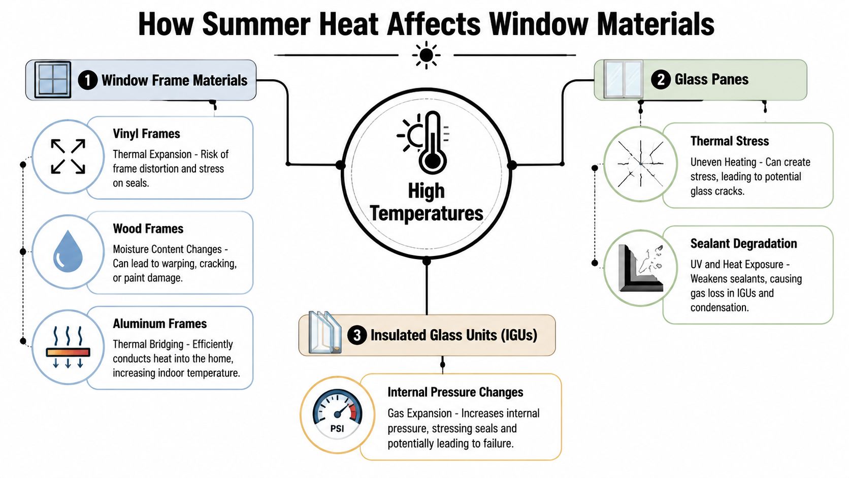 A diagram illustrating how high summer temperatures negatively affect various window frame materials, glass panes, and insulated units.