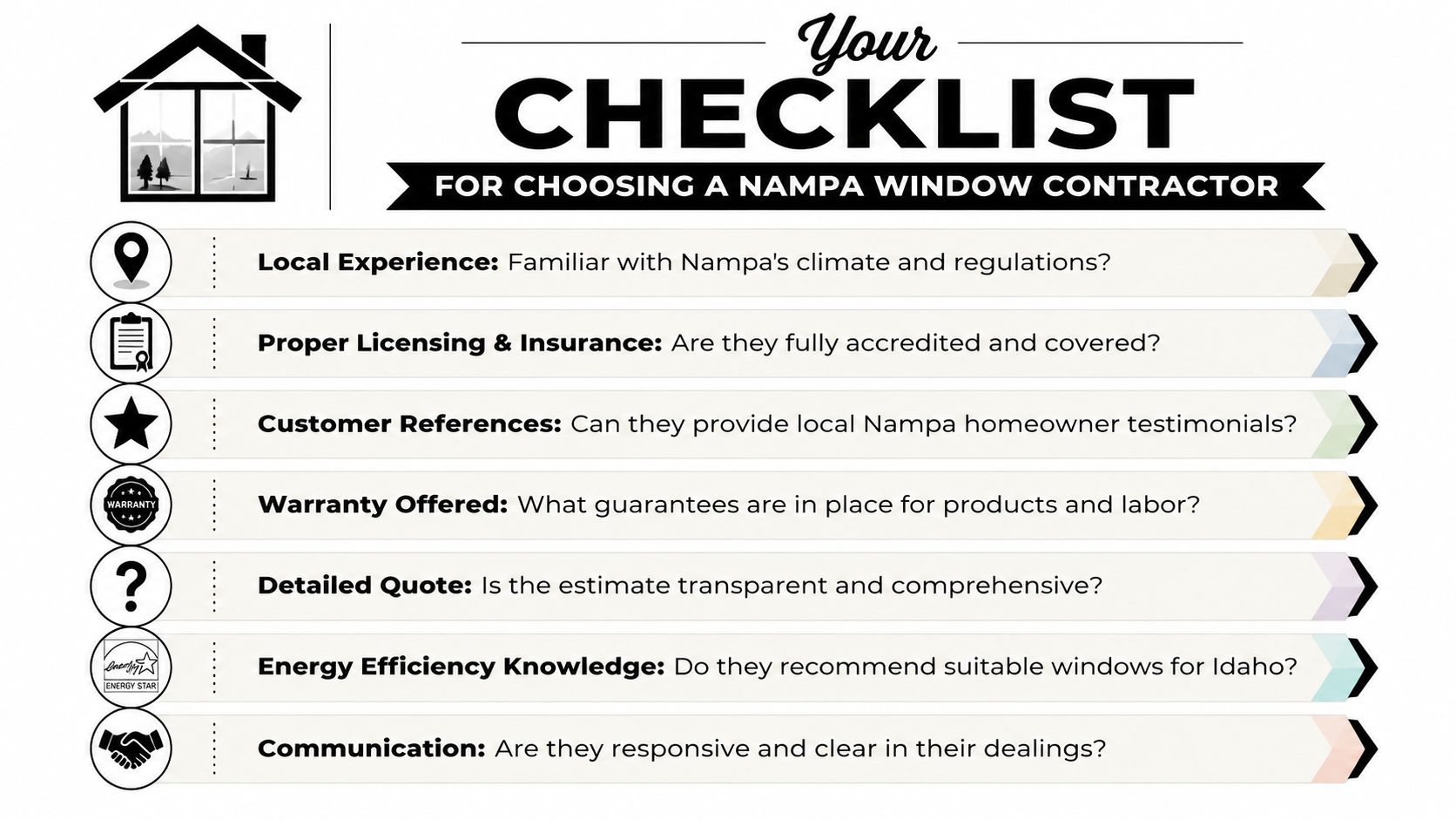 A checklist for choosing a window contractor in Nampa featuring seven key evaluation criteria for homeowners.