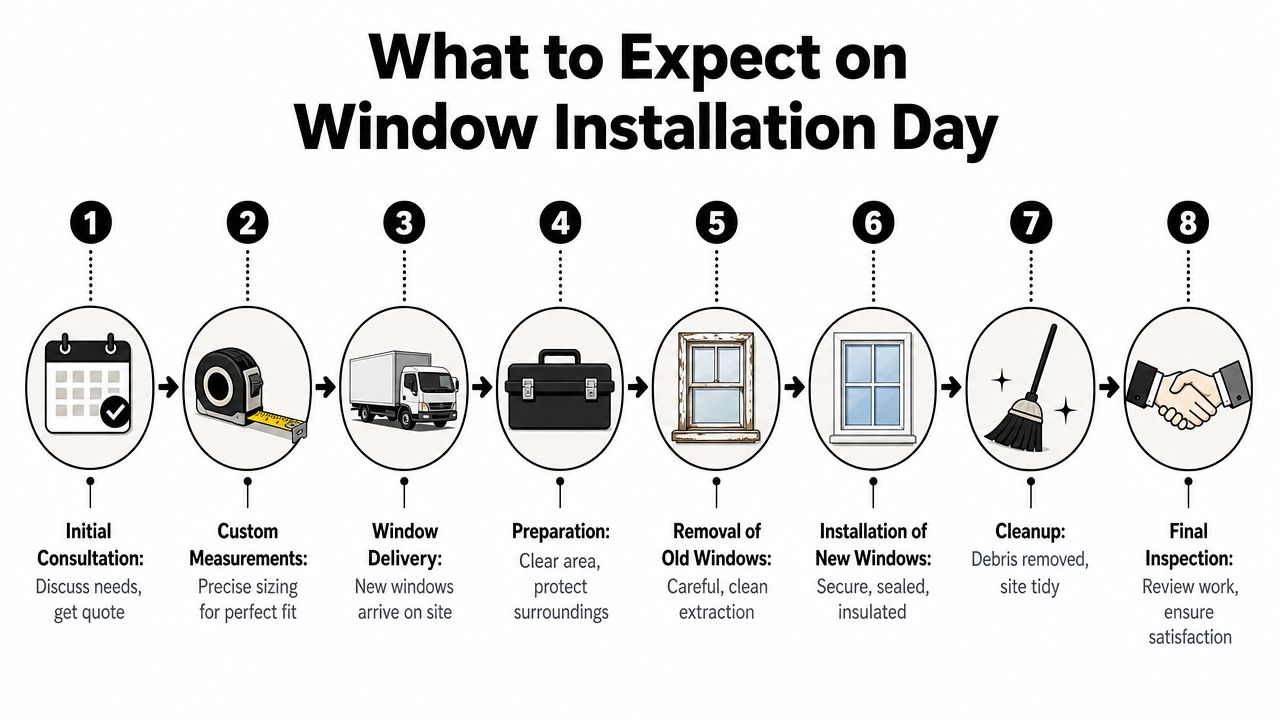 An 8-step infographic showing the window installation process from initial consultation to final inspection and satisfaction.