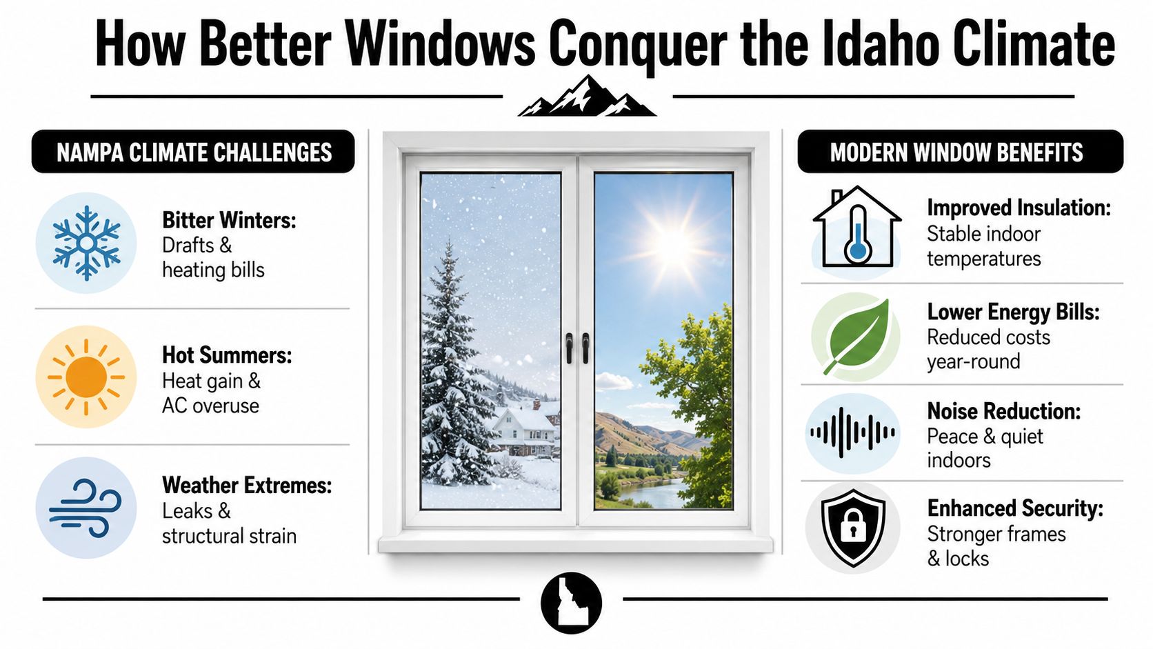 An infographic showing how modern windows improve insulation, reduce noise, and lower energy costs in Nampa, Idaho.