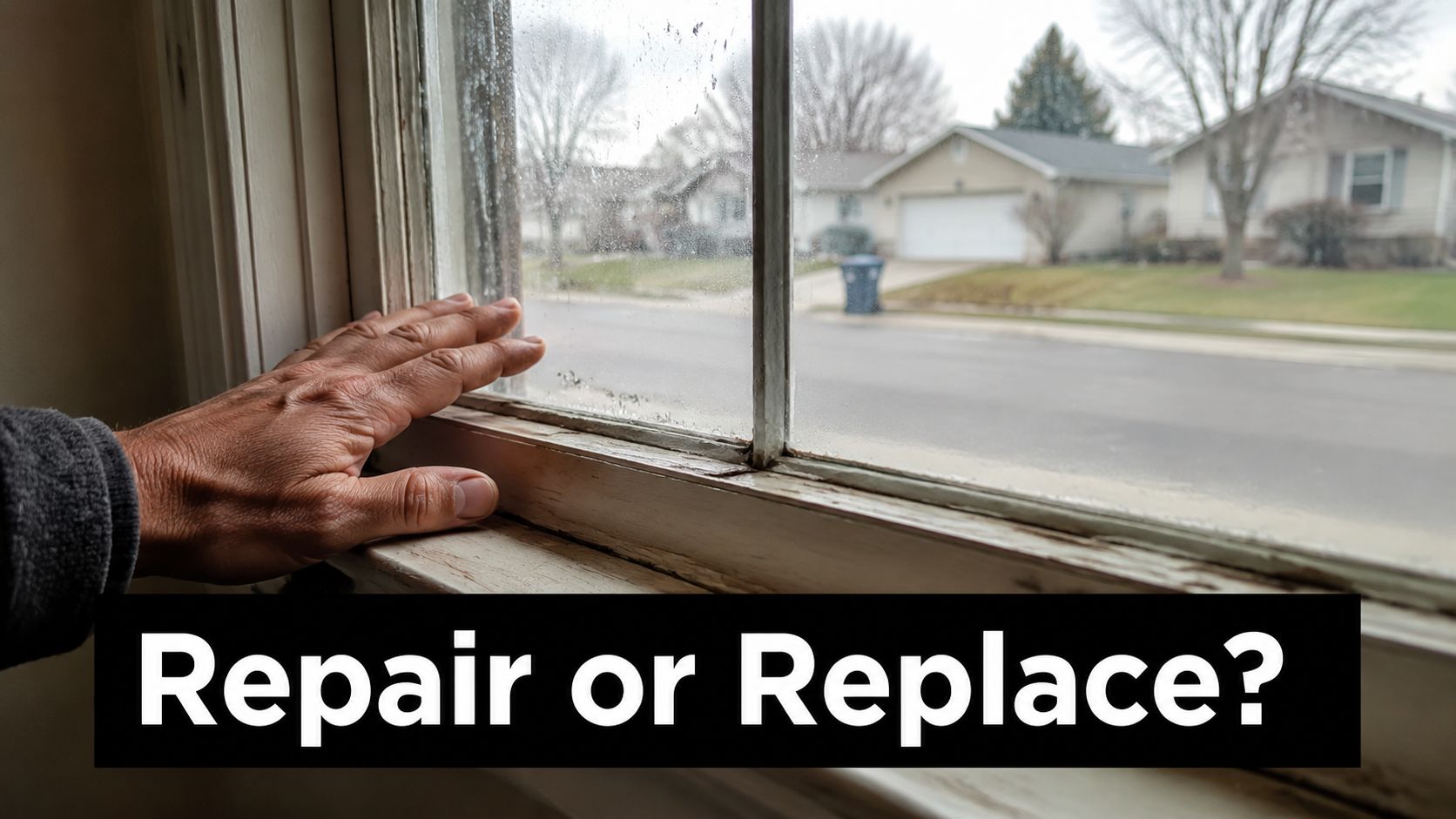 A close-up view of a person hand resting on a deteriorating, fogged window frame in need of repair.