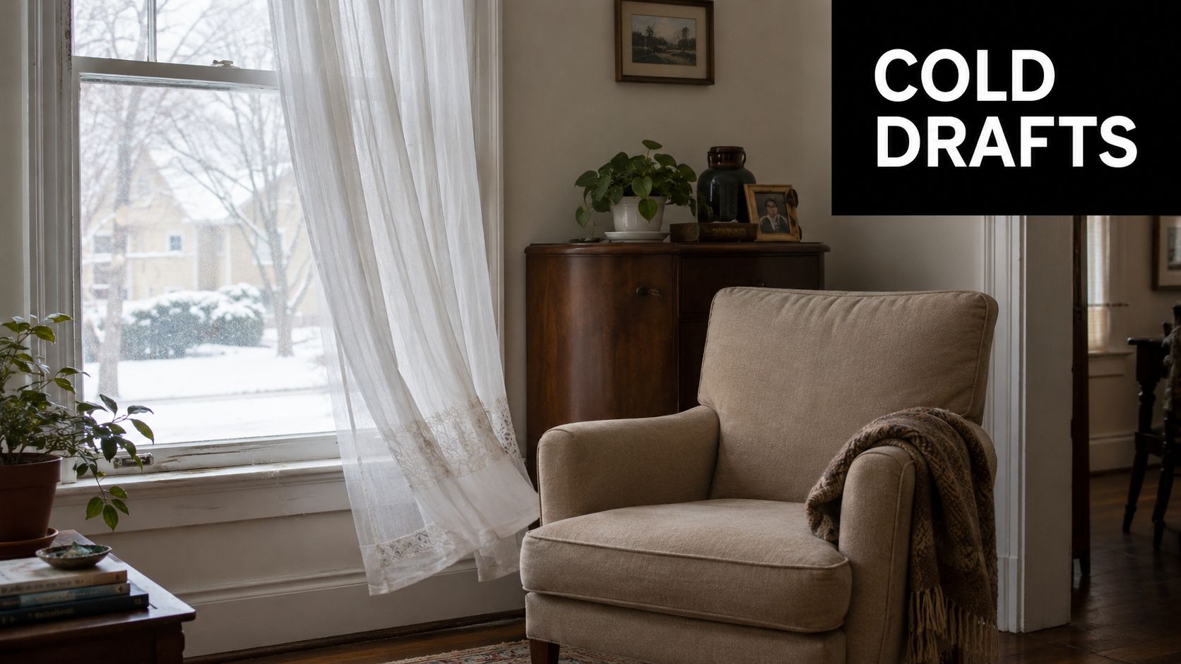 A cozy armchair sits by a window with blowing curtains, suggesting cold drafts entering a living room.