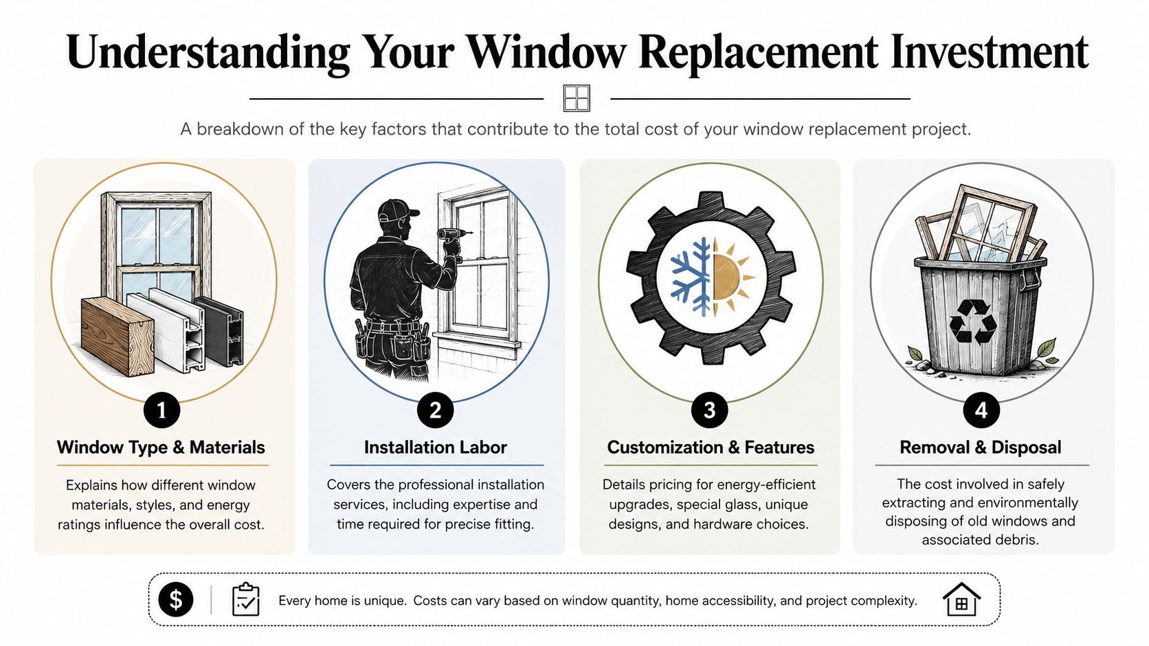 An infographic titled Understanding Your Window Replacement Investment listing four key cost factors for window replacement projects.