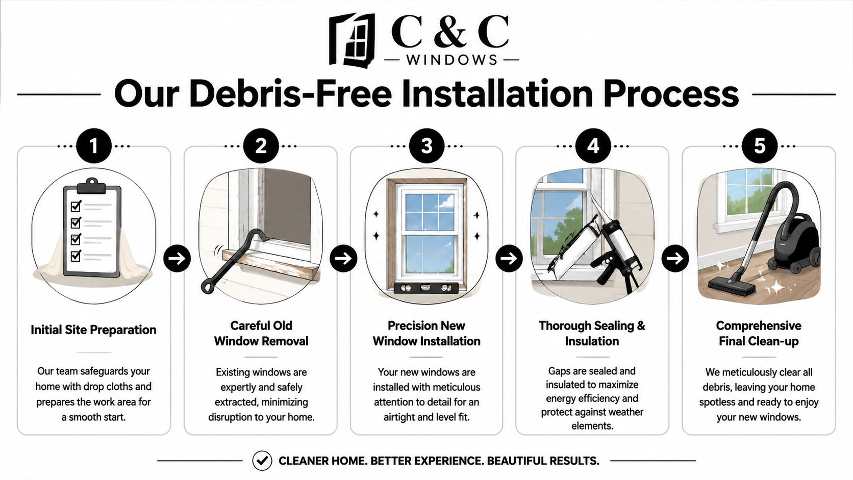 A five-step infographic showing the debris-free window installation process by C & C Windows.