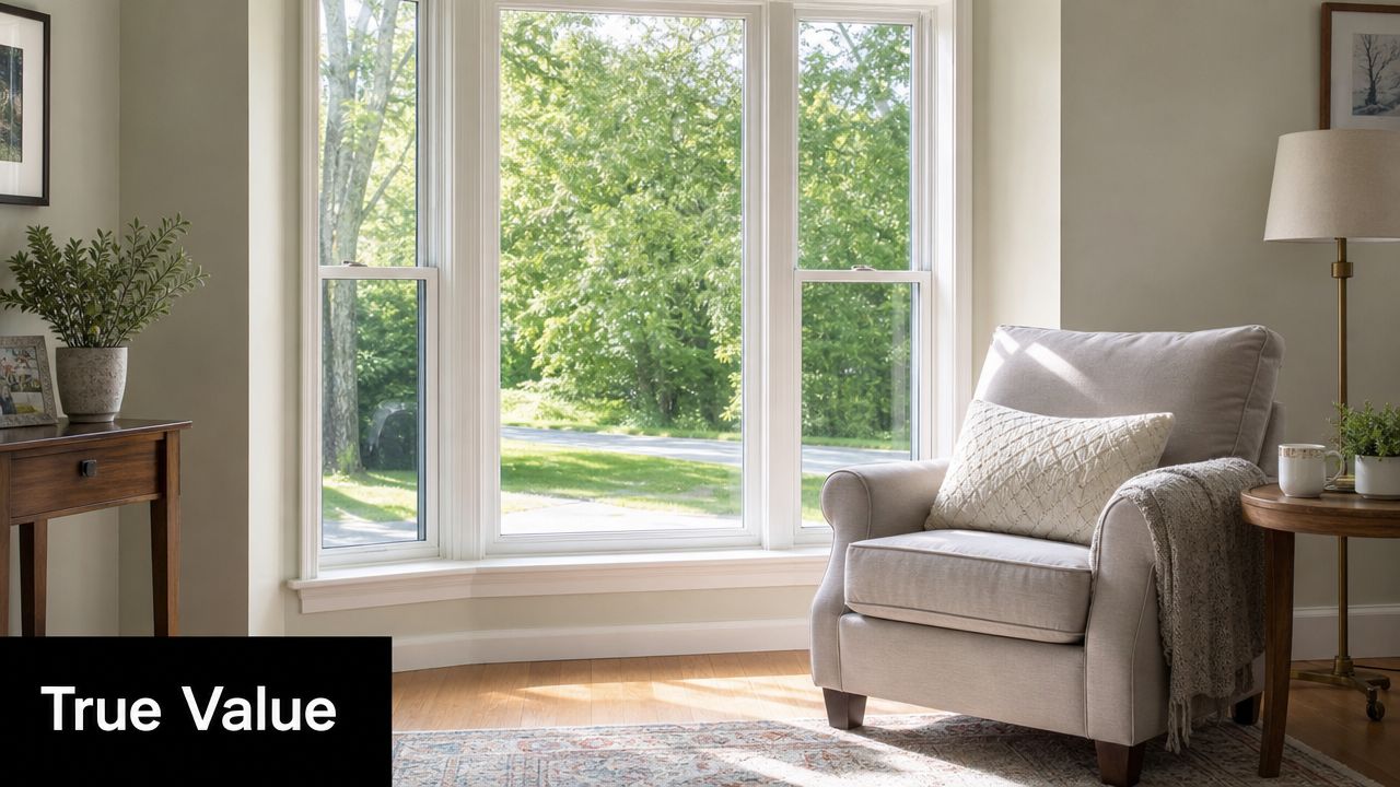 A cozy reading nook featuring a comfortable armchair, natural light from a bay window, and home decor.