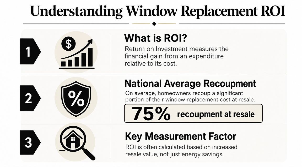 An infographic explaining window replacement ROI, average recoupment rates, and factors affecting property resale value.
