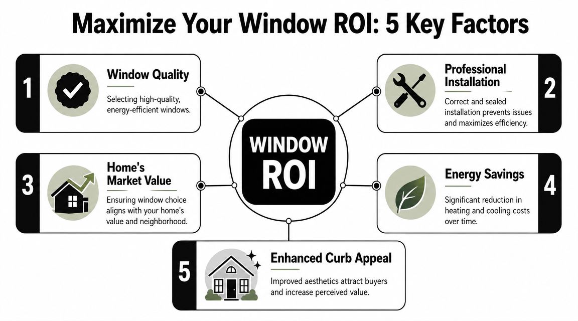 A diagram illustrating five key factors to maximize return on investment for home window replacement projects.