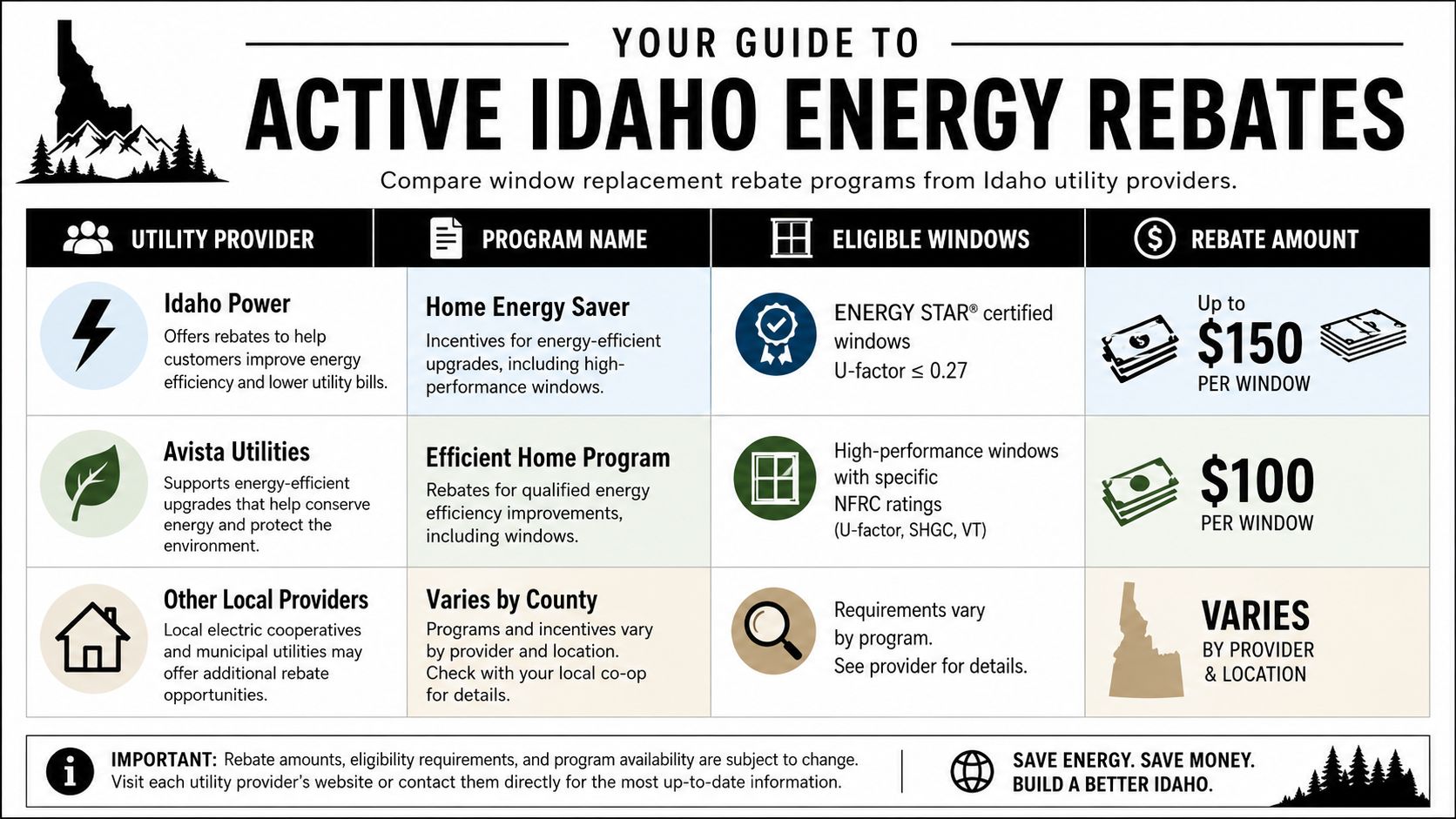 A chart comparing window replacement energy rebate programs offered by various utility providers in Idaho.