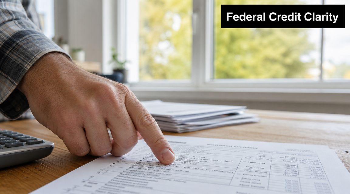A close-up view of a person's hand pointing at a document detailing federal credit tax information.