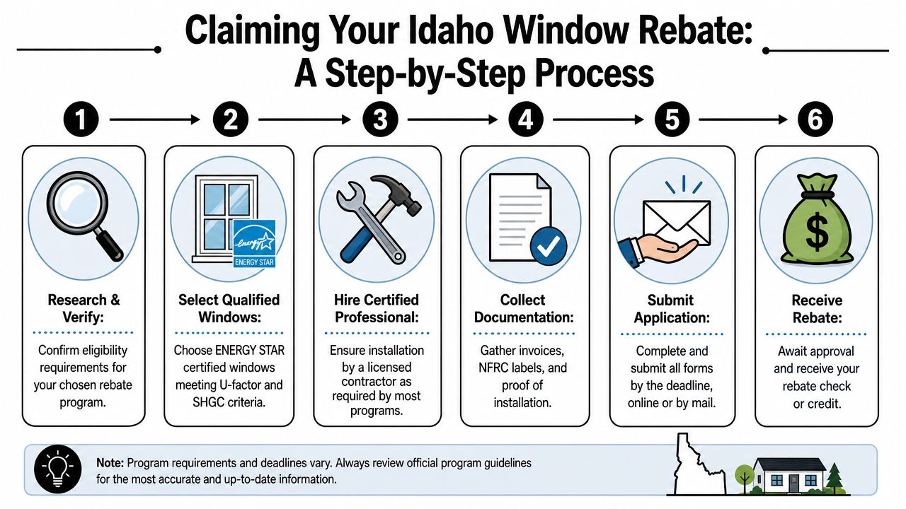 A six-step infographic detailing the process for applying for an Idaho window replacement rebate program.