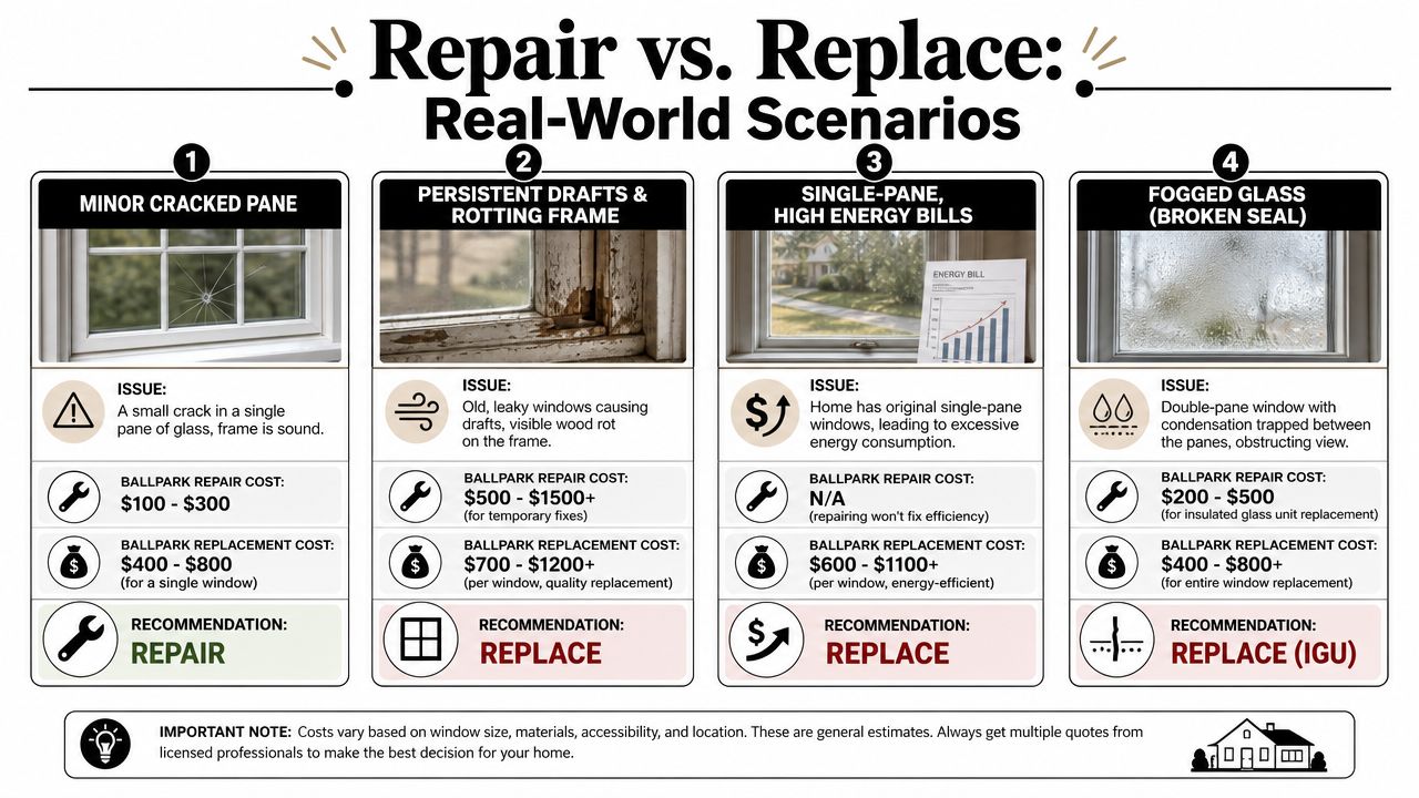 An infographic comparing window repair and replacement costs across four common real-world home window damage scenarios.
