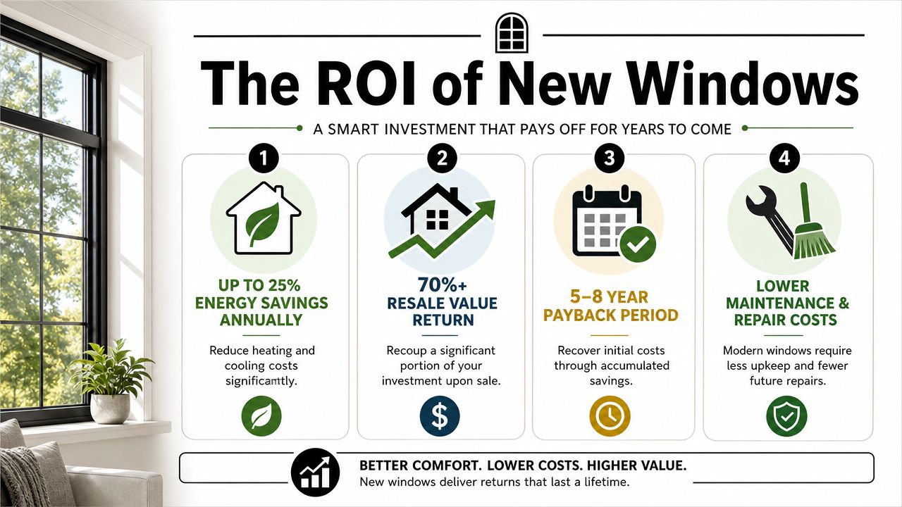 An infographic showing the four key financial and maintenance benefits of investing in new home windows.