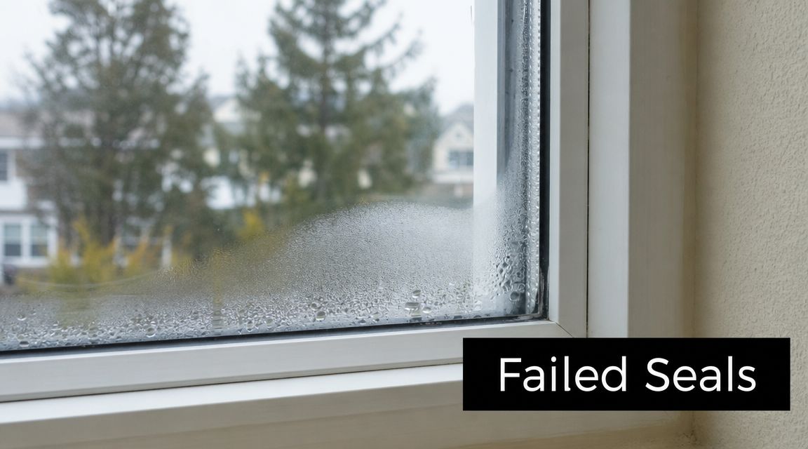 A close-up view of a double-pane window showing condensation trapped between the glass due to failed seals.