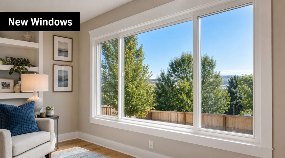 A brightly lit living room featuring a large horizontal slider window with a view of trees.